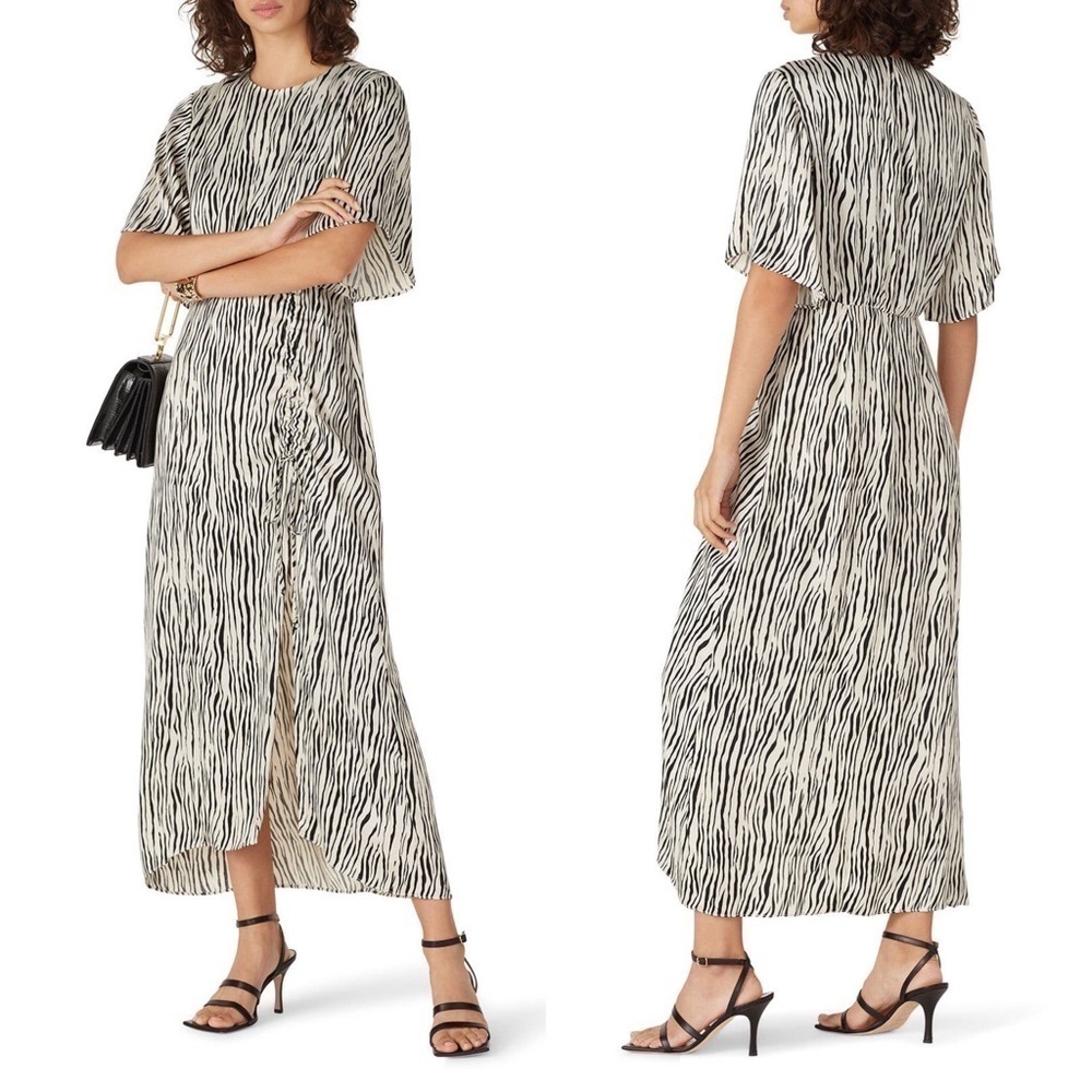 PETERSYN 70s Wide‎ Flutter Short Sleeve Ruched Tie Slit Zebra Satin Midi Dress L